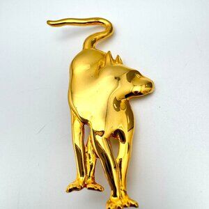 Cat Pin Brooch Signed MFA Goldtone Standing  Raised Tail Vintage 2 x 1"